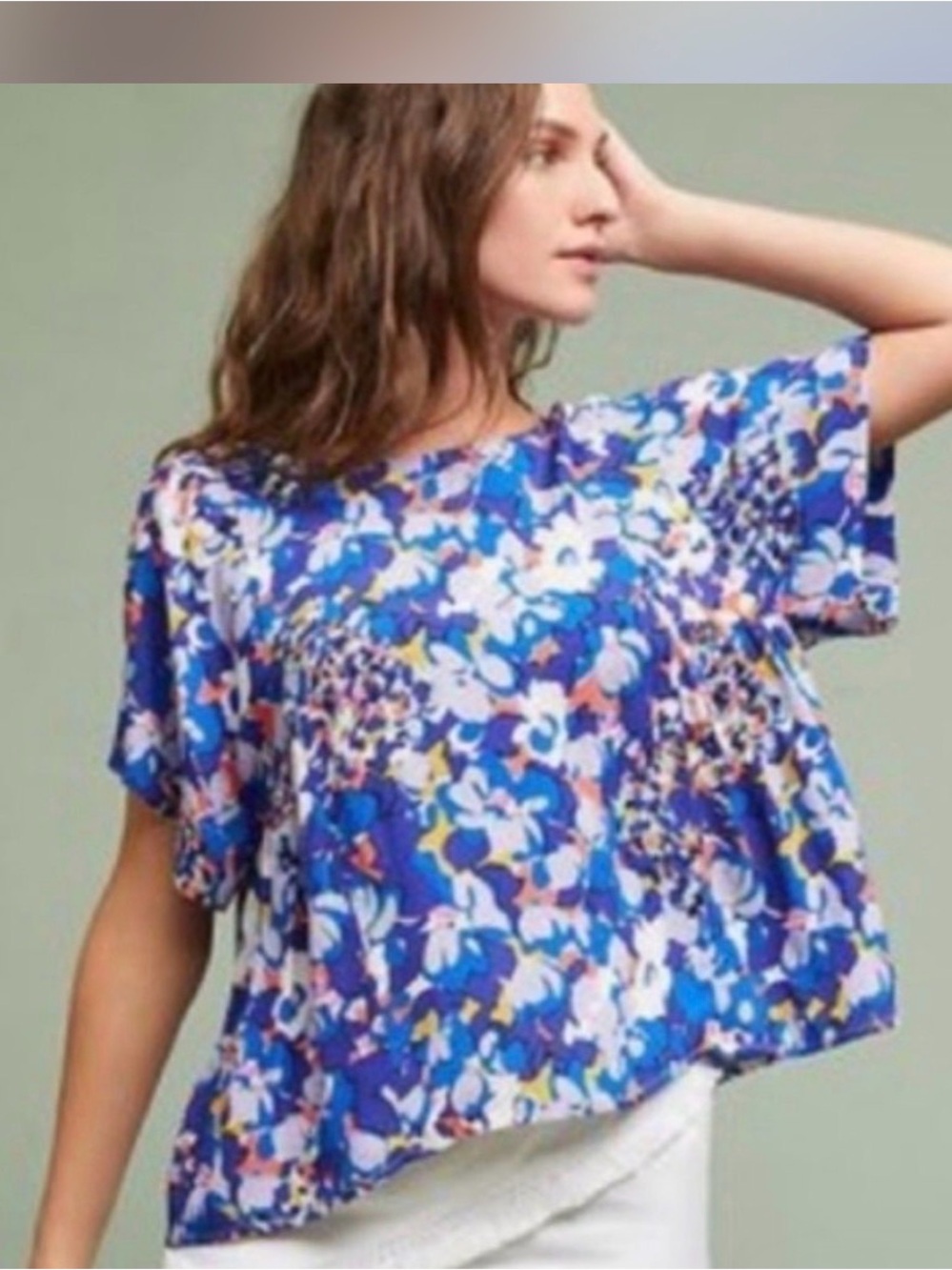 Maeve Anthropology Blue Floral Short-Sleeve top size Small